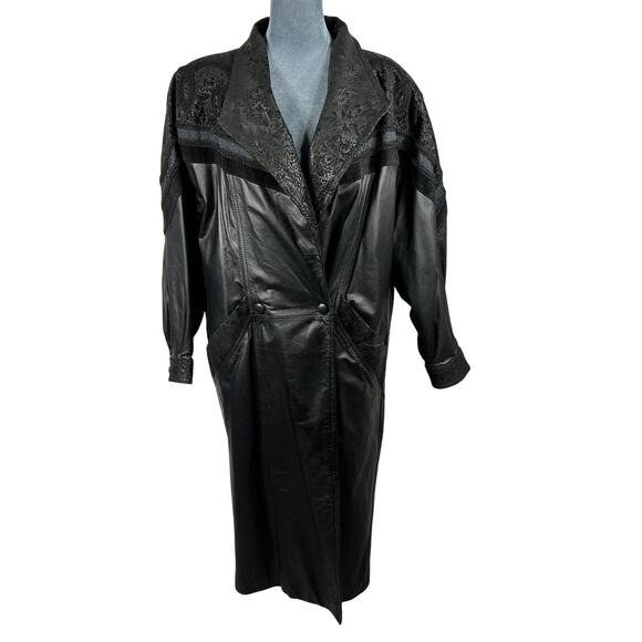 Wilsons Leather Long Trench Coat Jacket Mens Medium Black VTG Lace Suede Lined - Picture 3 of 16